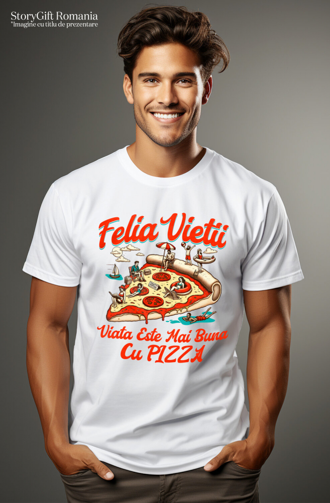 Tricou Femei, Barbati, Copii, Fata, Baiat, Unisex Personalizat Pizza personalizată cu text haios „Felia vieții e mai bună cu pizza” – Cadou perfect pentru familie și prieteni [2]