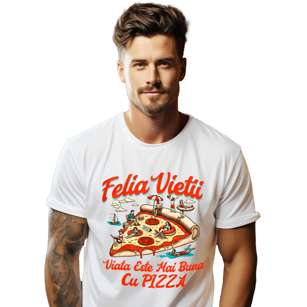 Tricou Femei, Barbati, Copii, Fata, Baiat, Unisex Personalizat Pizza personalizată cu text haios „Felia vieții e mai bună cu pizza” – Cadou perfect pentru familie și prieteni [1]