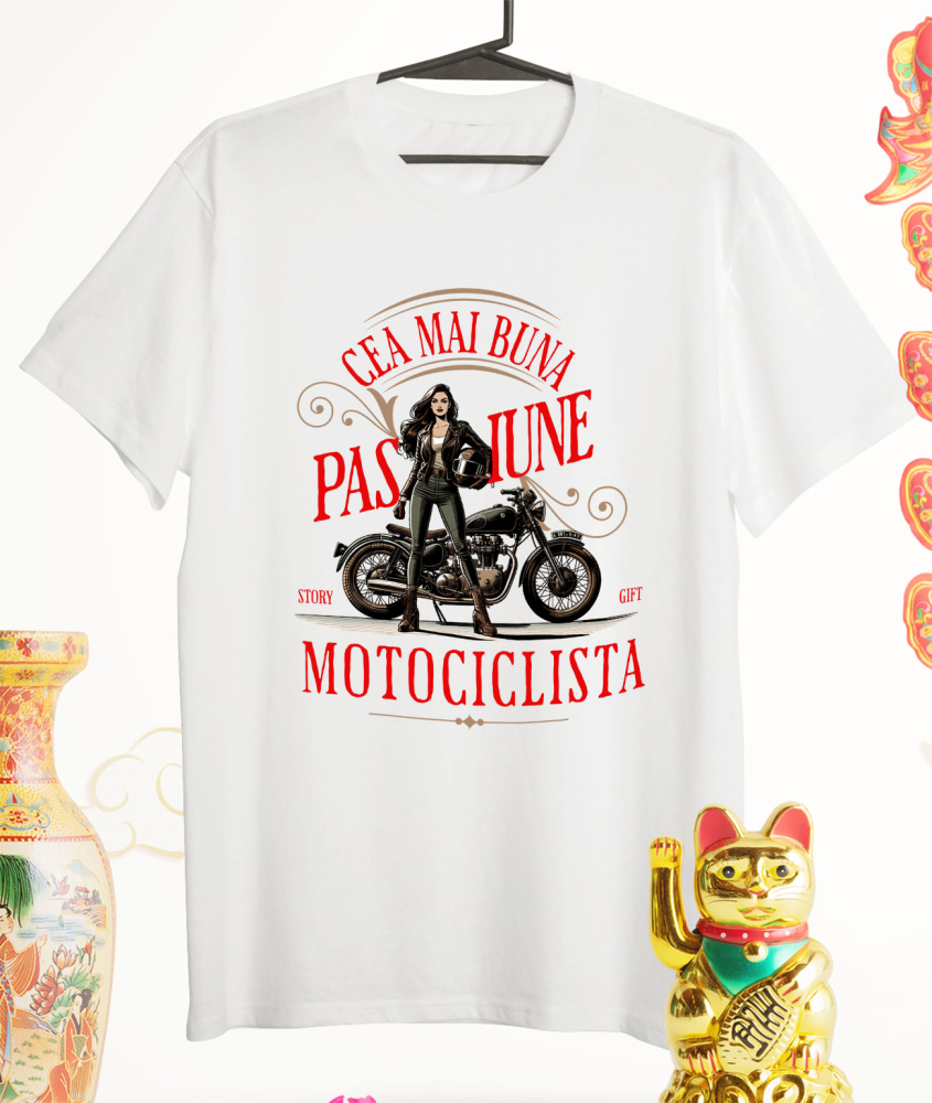 Tricou Femei, Barbati, Copii, Fata, Baiat, Unisex Personalizat Femeie Motociclistă cu Cască – Design Modern pentru Pasionați de Moto [3]