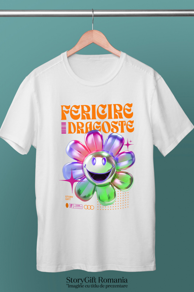 Tricou Femei, Barbati, Copii, Fata, Baiat, Unisex Personalizat Floare Colorată Veselă cu Text „Fericire, Dragoste, Natură” | Cadouri Personalizate pentru Femei, Familie și Prieteni [3]