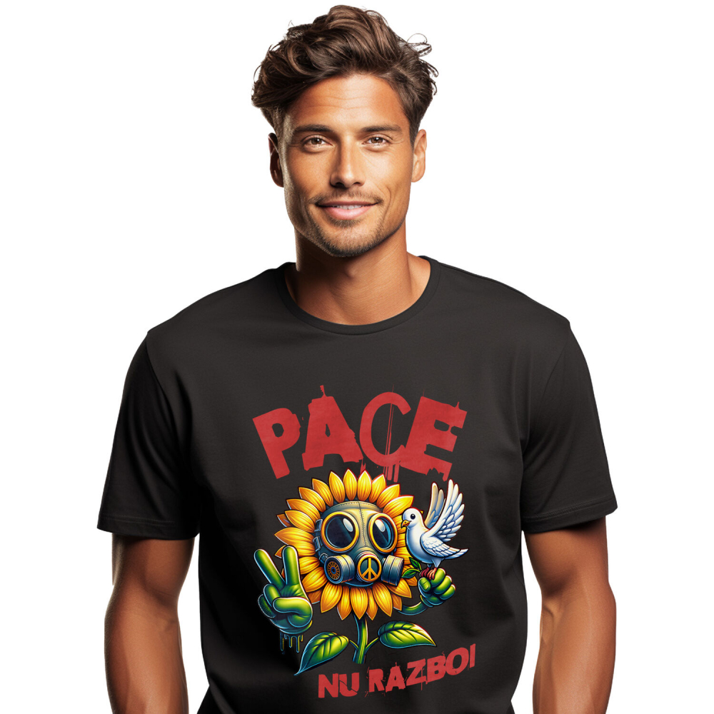 Tricou Femei, Barbati, Copii, Fata, Baiat, Unisex Personalizat Floarea Soarelui cu Masca Toxică și Porumbel Alb | Mesaj „Pace, Nu Război” | Cadouri Personalizate pentru Femei, Familie și Prieteni [1]