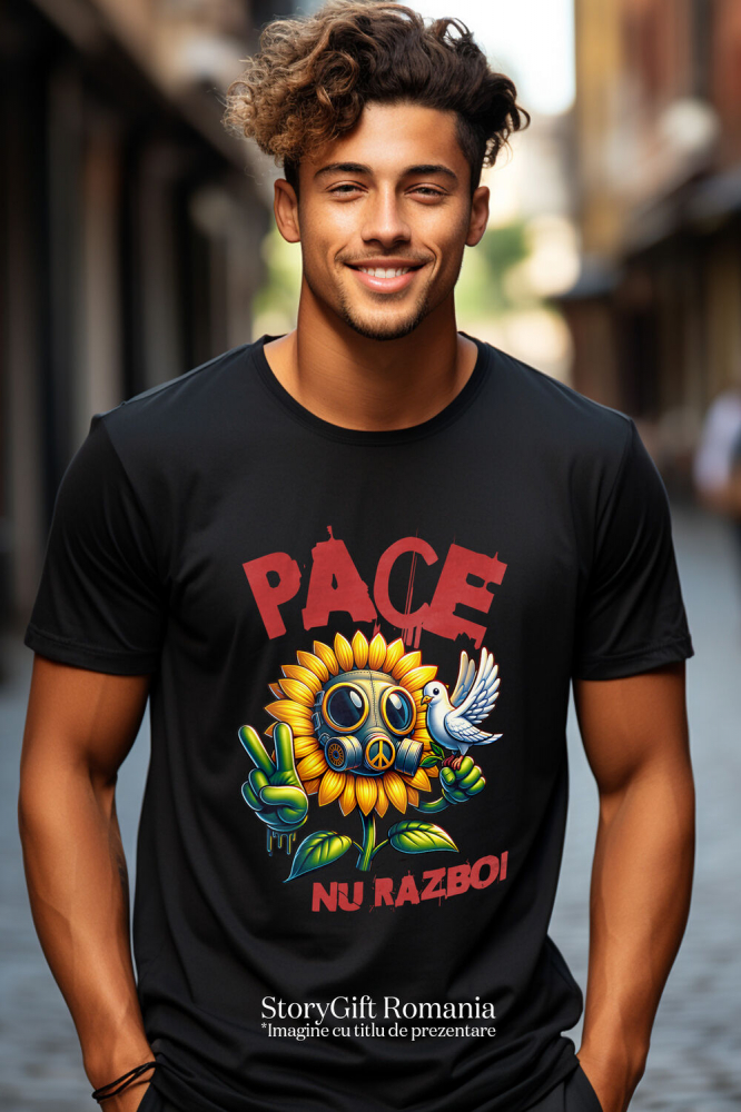 Tricou Femei, Barbati, Copii, Fata, Baiat, Unisex Personalizat Floarea Soarelui cu Masca Toxică și Porumbel Alb | Mesaj „Pace, Nu Război” | Cadouri Personalizate pentru Femei, Familie și Prieteni [2]