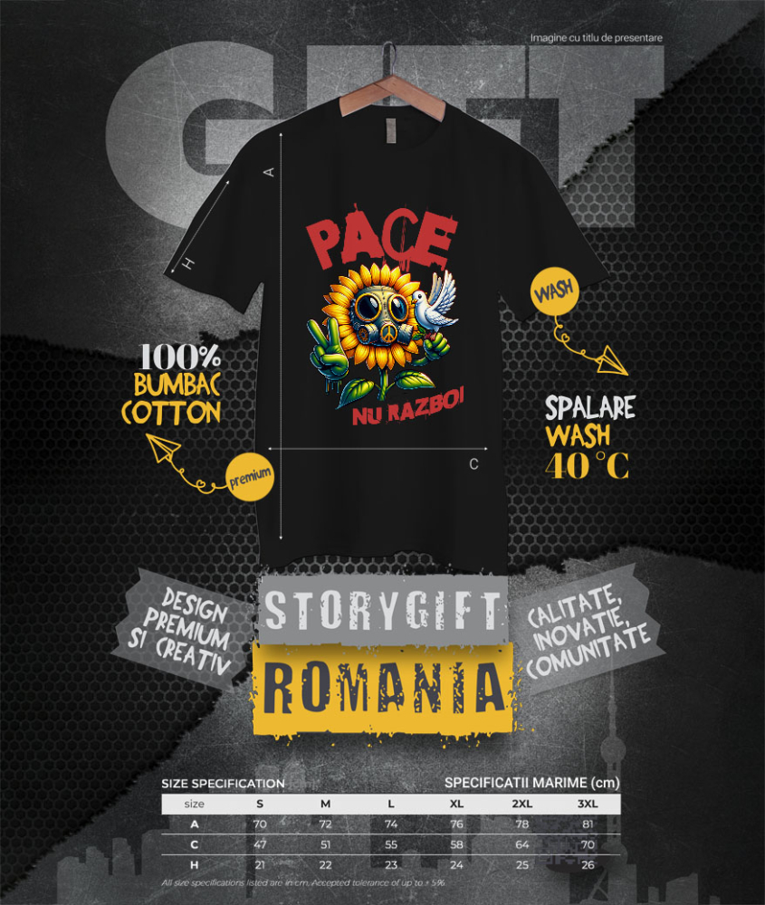 Tricou Femei, Barbati, Copii, Fata, Baiat, Unisex Personalizat Floarea Soarelui cu Masca Toxică și Porumbel Alb | Mesaj „Pace, Nu Război” | Cadouri Personalizate pentru Femei, Familie și Prieteni [4]