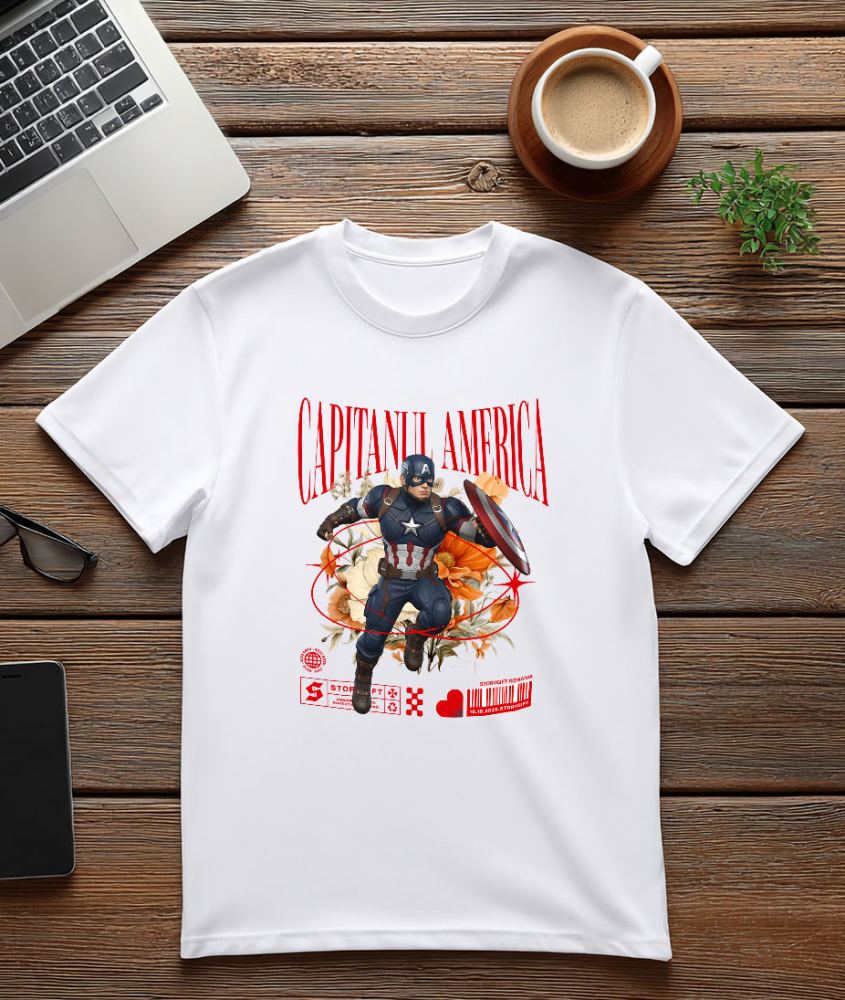 Tricou Barbati cu Flori Disney și Curajul lui Captain America 100% Bumbac, Alb, M [3]