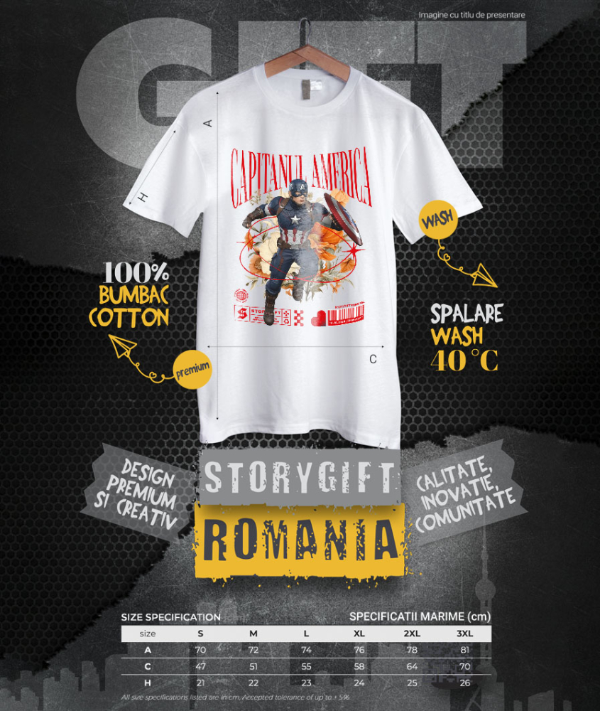 Tricou Barbati cu Flori Disney și Curajul lui Captain America 100% Bumbac, Alb, M [4]