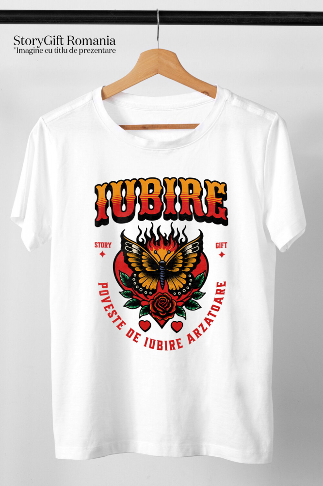 Tricou Femei, Barbati, Copii, Fata, Baiat, Unisex Personalizat Fluture Colorat în Flăcări și Floare Roșie - Poveste de Iubire Arzătoare pentru Cadouri Personalizate [3]