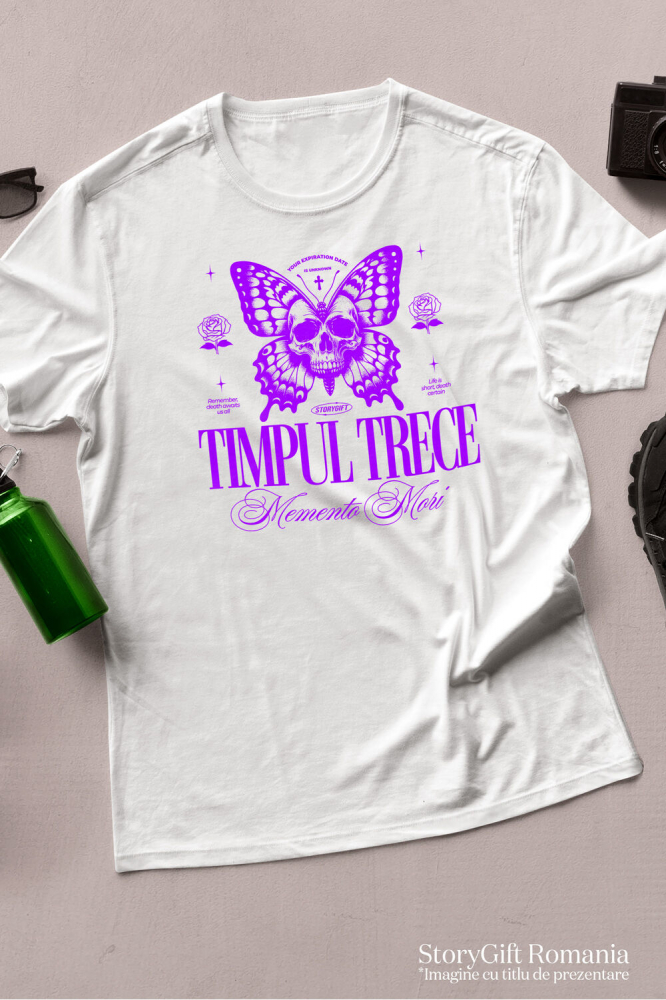 Tricou Femei, Barbati, Copii, Fata, Baiat, Unisex Personalizat Fluture cu Craniu Uman și Cruce – Mesaj Motivațional „Timpul Trece - Momento Mori” - Cadou Personalizat [3]