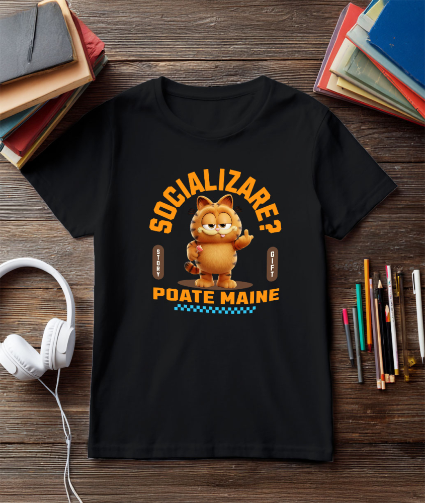 Tricou Barbati cu Garfield  , Degetul Mijlociu, Socializare? Poate maine, Anti-social  100% Bumbac, Negru, L [3]