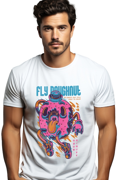 Tricou Barbati Cu Gogoasa AmeriTricou Barbati CU Glazura Roz, Limba Scoasa, Text In Engleza Fly Doughnut, Ilustratie, Unica, Creativitate, cu imprimeu pe Fata, 100% Bumbac, Alb, M [1]