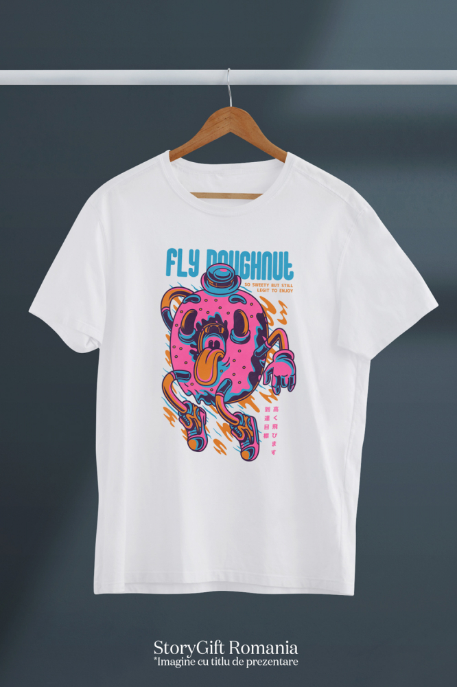 Tricou Barbati Cu Gogoasa AmeriTricou Barbati CU Glazura Roz, Limba Scoasa, Text In Engleza Fly Doughnut, Ilustratie, Unica, Creativitate,  cu imprimeu pe Fata, 100% Bumbac,  Alb, M [2]