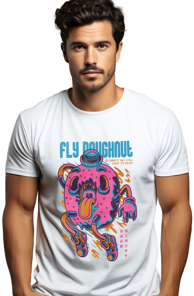 Tricou Barbati Cu Gogoasa AmeriTricou Barbati CU Glazura Roz, Limba Scoasa, Text In Engleza Fly Doughnut, Ilustratie, Unica, Creativitate,  cu imprimeu pe Fata, 100% Bumbac,  Alb, M [1]