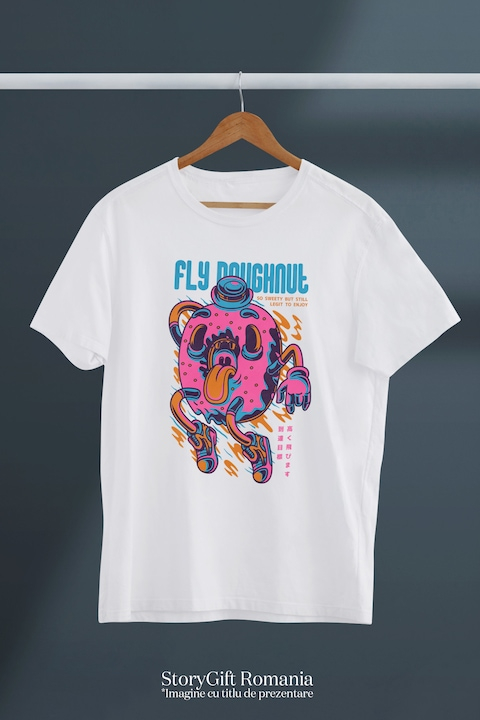 Tricou Barbati Cu Gogoasa AmeriTricou Barbati CU Glazura Roz, Limba Scoasa, Text In Engleza Fly Doughnut, Ilustratie, Unica, Creativitate, cu imprimeu pe Fata, 100% Bumbac, Alb, M [3]