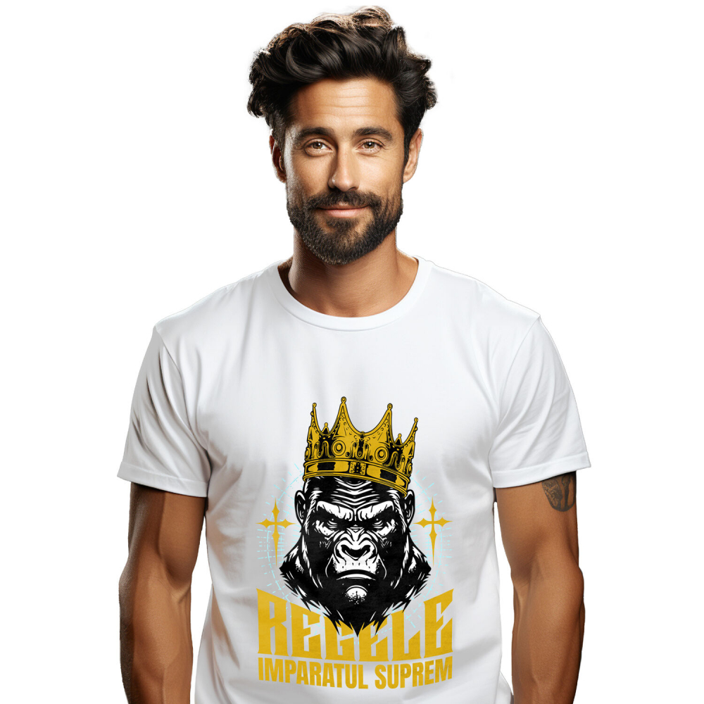 Tricou Femei, Barbati, Copii, Fata, Baiat, Unisex Personalizat Tricou Personalizat Gorila Regală cu Coroană de Aur – Regele Imperiul Suprem | Cadou Motivational [1]