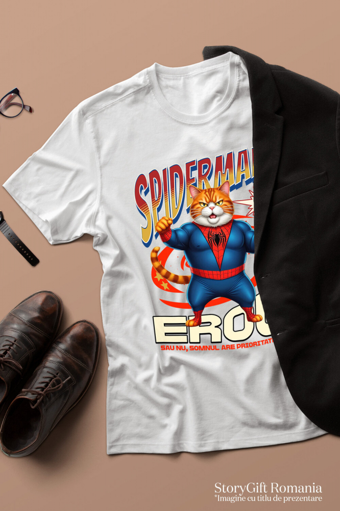 Tricou Femei, Barbati, Copii, Fata, Baiat, Unisex Personalizat Pisică Grasă în Costum Spider-Man cu Pelerină - Cadou Personalizat pentru Iubitorii de Pisici și Copii [3]