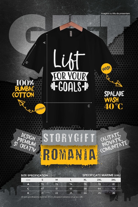 Tricou Barbati cu haltera si mesaj motivational in engleza "Lift for your goals" - ridica pentru obiectivele tale cu imprimeu pe Fata, 100% Bumbac, Negru, M [2]