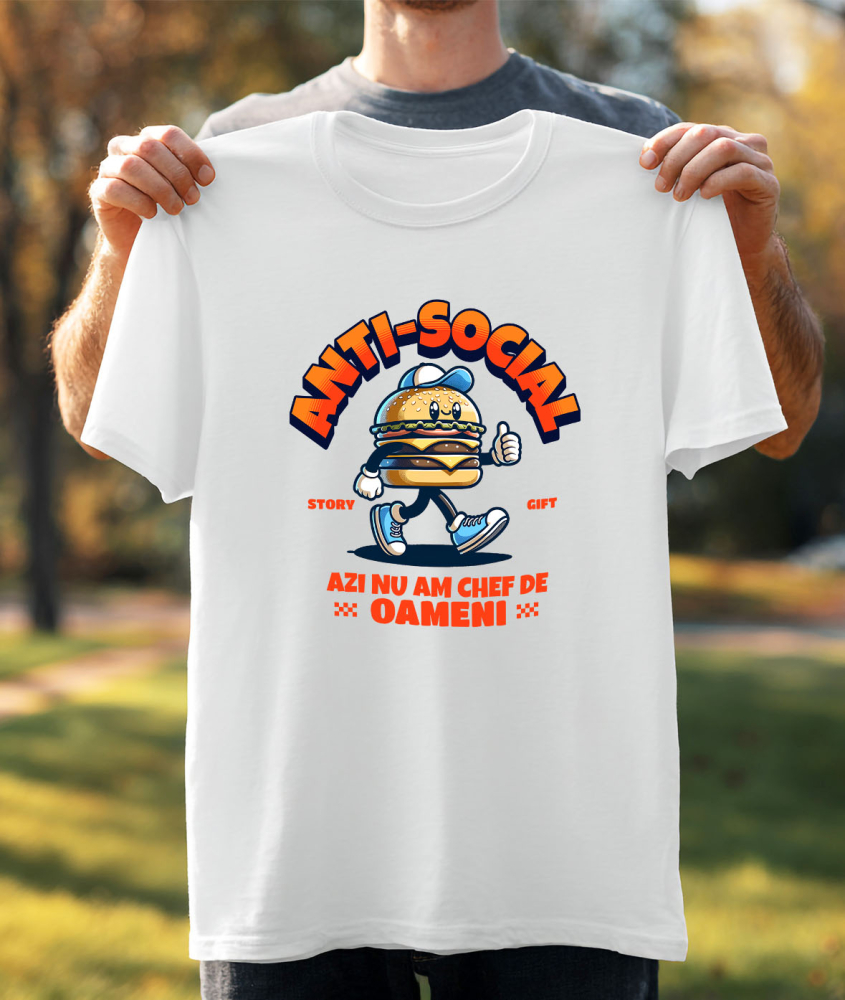 Tricou Femei, Barbati, Copii, Fata, Baiat, Unisex Personalizat Hamburger personalizat cu șapcă și adidași albastri – „Anti-social, azi nu mă chef de oameni” – Cadou amuzant [3]