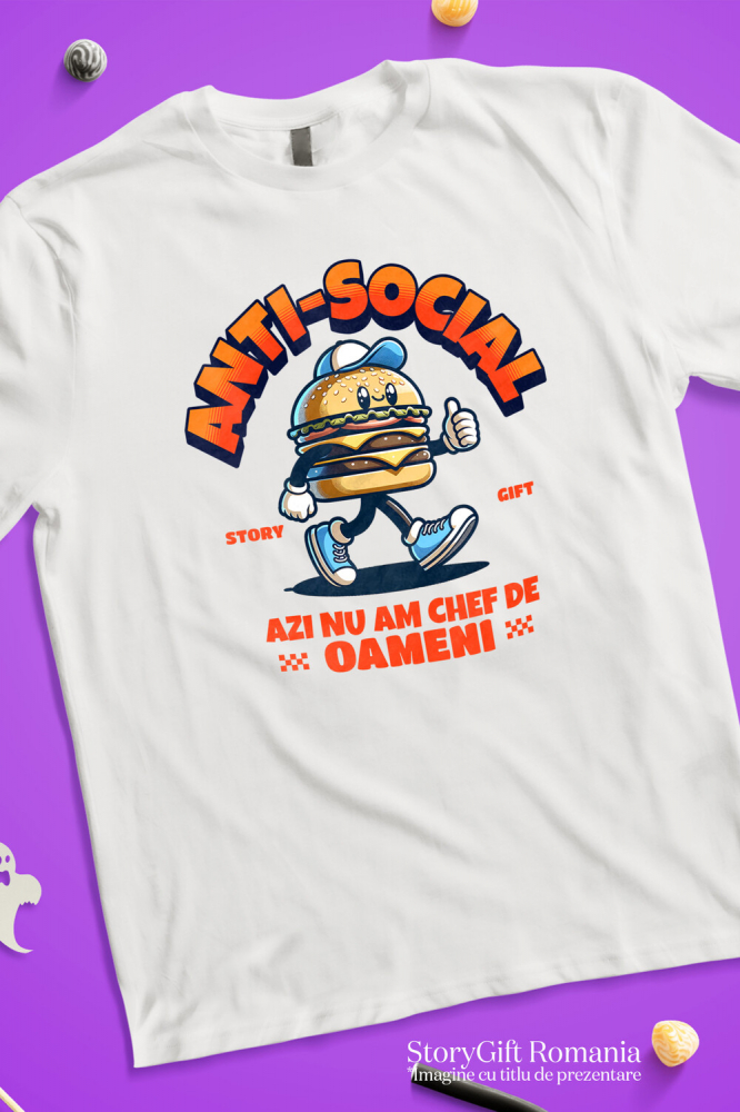 Tricou Femei, Barbati, Copii, Fata, Baiat, Unisex Personalizat Hamburger personalizat cu șapcă și adidași albastri – „Anti-social, azi nu mă chef de oameni” – Cadou amuzant [3]