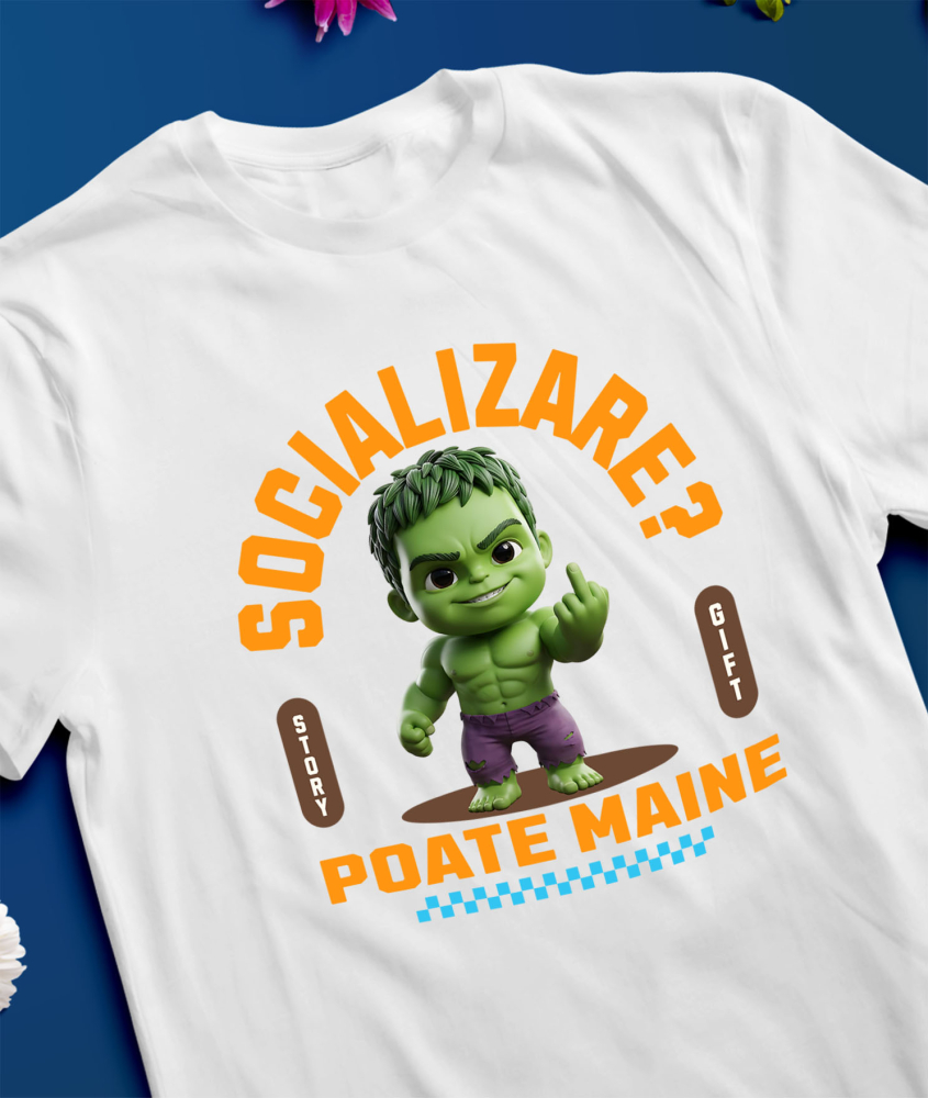 Tricou Barbati cu Hulk , Degetul Mijlociu, Socializare? Poate maine, Anti-social 100% Bumbac, Alb, L [3]