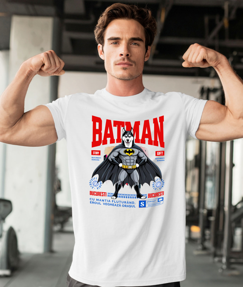 Tricou Femei, Barbati, Copii, Fata, Baiat, Unisex Personalizat Husky Siberian În Costum de Batman – Câine Supererou pentru Copii și Iubitorii de Animale [2]