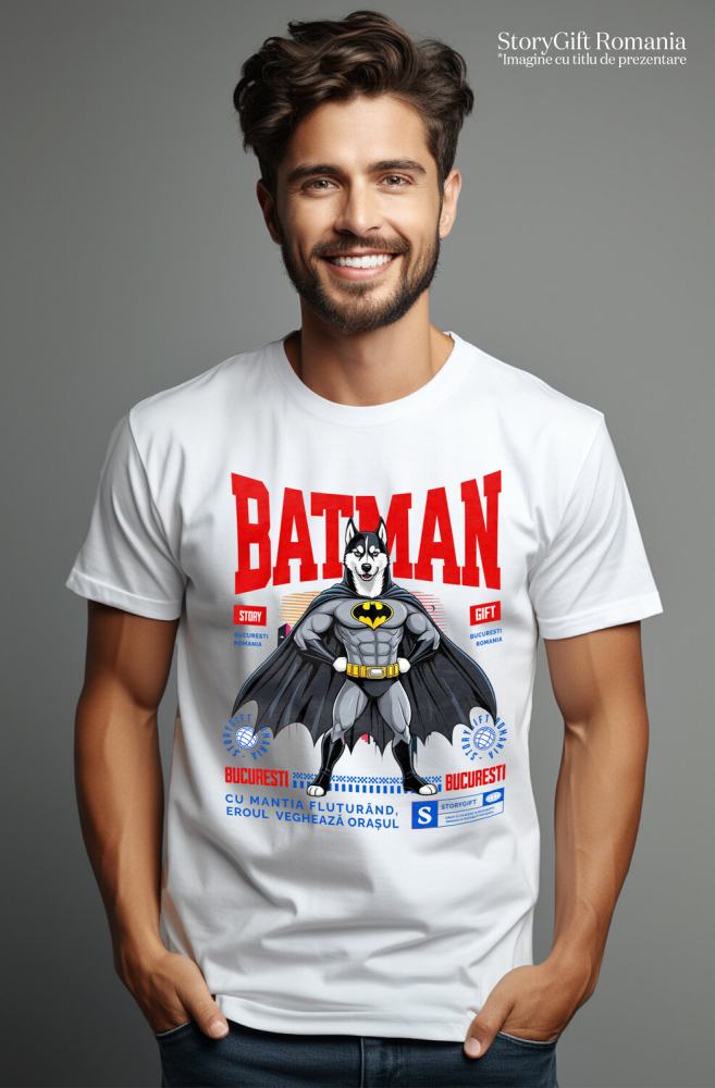 Tricou Femei, Barbati, Copii, Fata, Baiat, Unisex Personalizat Husky Siberian În Costum de Batman – Câine Supererou pentru Copii și Iubitorii de Animale [2]