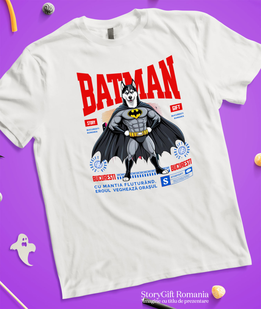 Tricou Femei, Barbati, Copii, Fata, Baiat, Unisex Personalizat Husky Siberian În Costum de Batman – Câine Supererou pentru Copii și Iubitorii de Animale [3]