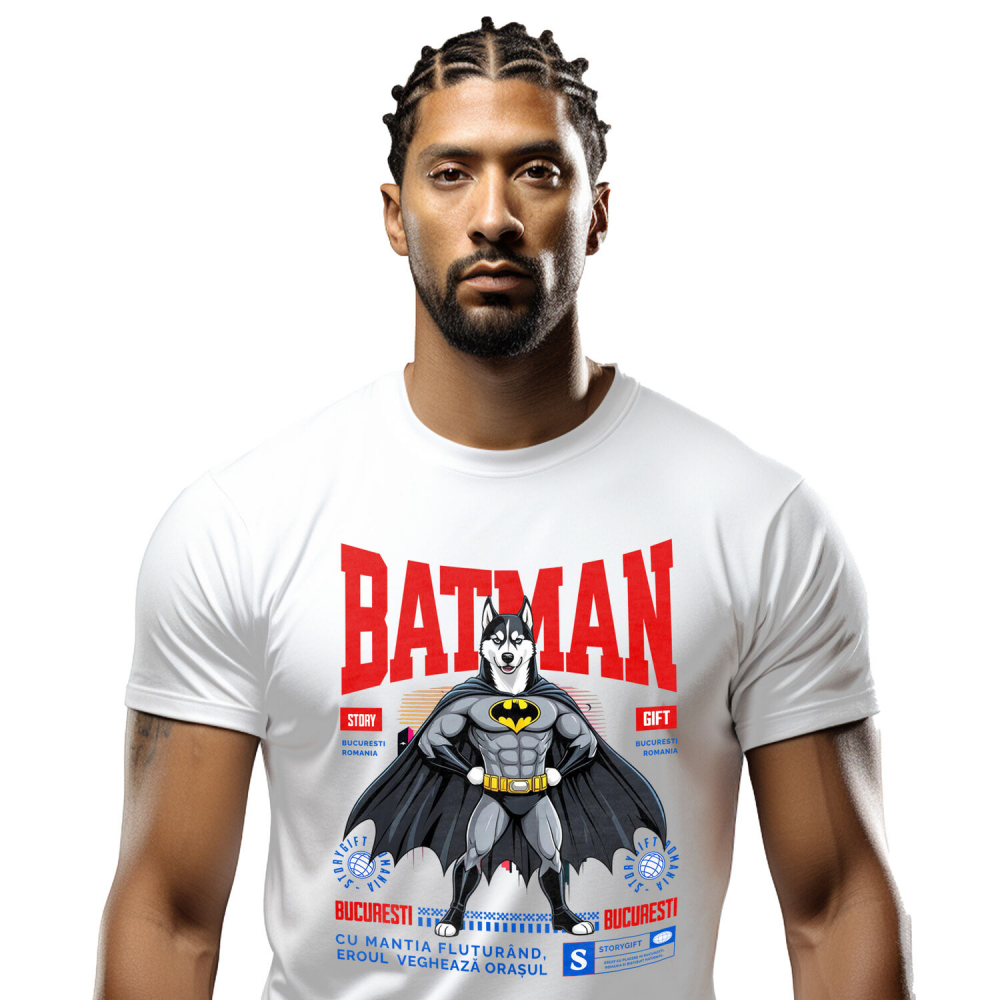 Tricou Femei, Barbati, Copii, Fata, Baiat, Unisex Personalizat Husky Siberian În Costum de Batman – Câine Supererou pentru Copii și Iubitorii de Animale [1]