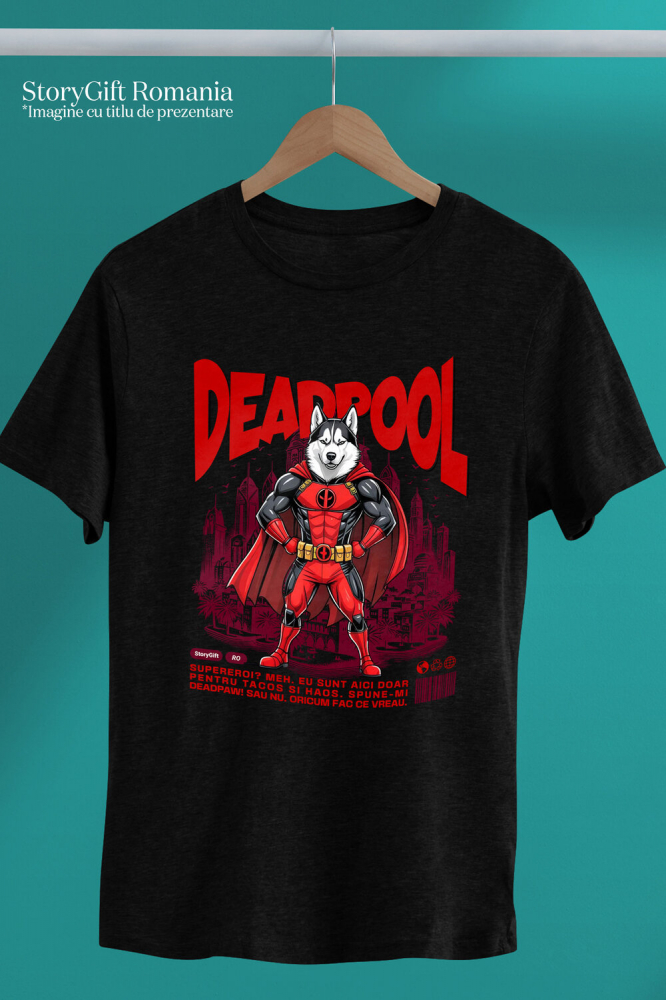 Tricou Femei, Barbati, Copii, Fata, Baiat, Unisex Personalizat Husky Siberian în Costum Deadpool - Cadou Personalizat pentru Copii și Familie [3]