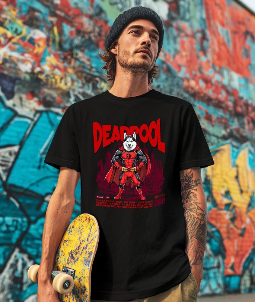 Tricou Femei, Barbati, Copii, Fata, Baiat, Unisex Personalizat Husky Siberian în Costum Deadpool - Cadou Personalizat pentru Copii și Familie [2]