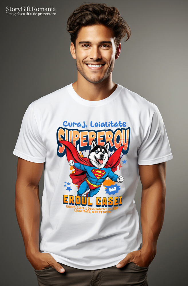 Tricou Femei, Barbati, Copii, Fata, Baiat, Unisex Personalizat Husky Siberian în Costum de Superman – Produse Personalizate pentru Copii și Familie [2]