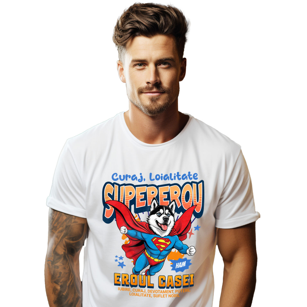 Tricou Femei, Barbati, Copii, Fata, Baiat, Unisex Personalizat Husky Siberian în Costum de Superman – Produse Personalizate pentru Copii și Familie [1]