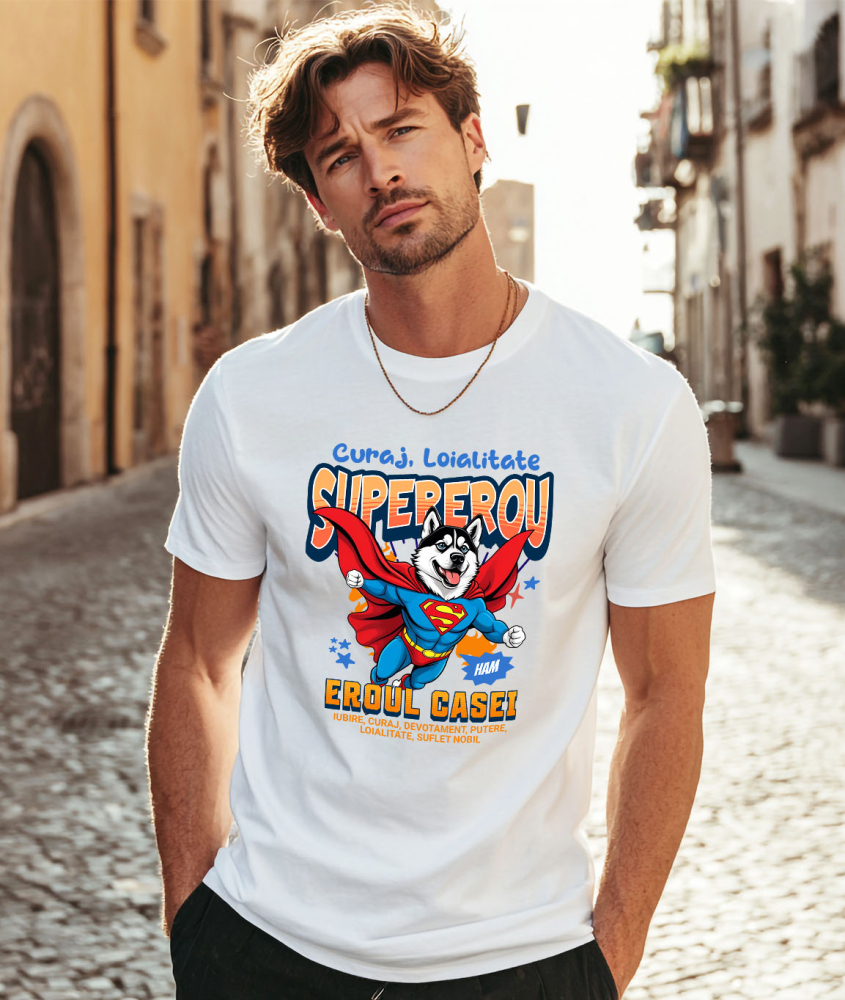 Tricou Femei, Barbati, Copii, Fata, Baiat, Unisex Personalizat Husky Siberian în Costum de Superman – Produse Personalizate pentru Copii și Familie [2]