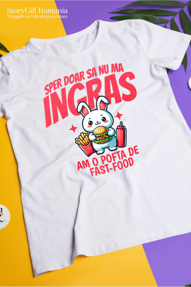 Tricou Femei, Barbati, Copii, Fata, Baiat, Unisex Personalizat Iepure alb cu burger și cartofi prăjiți | Cadou personalizat și haios pentru familie și prieteni [3]