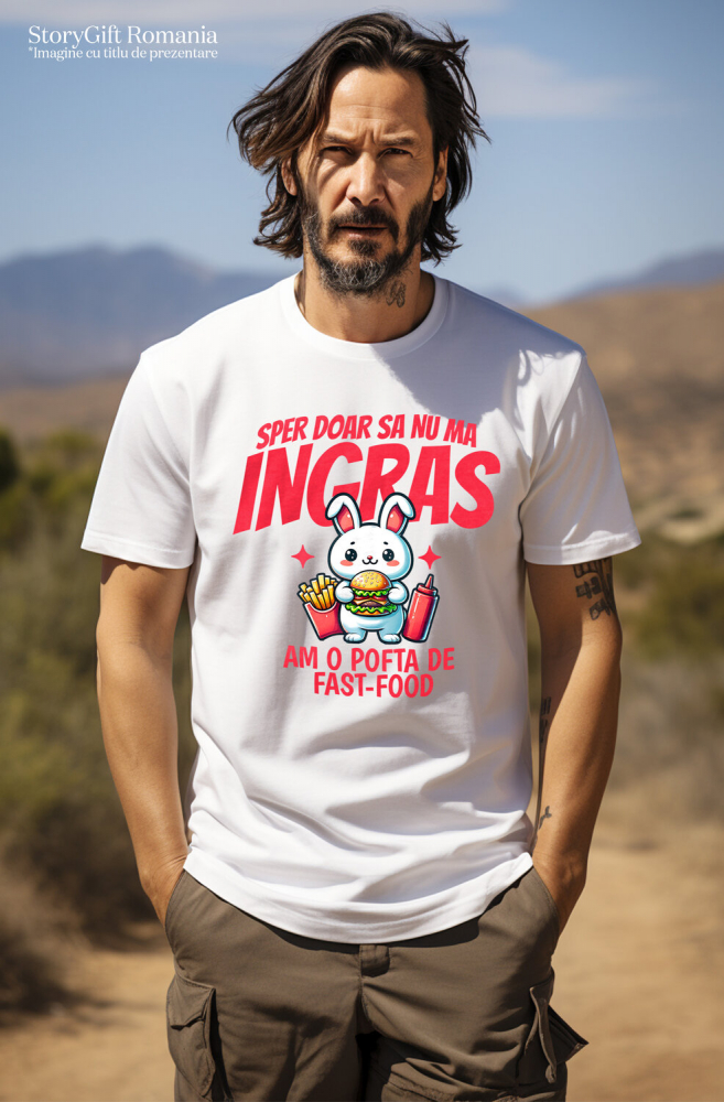 Tricou Femei, Barbati, Copii, Fata, Baiat, Unisex Personalizat Iepure alb cu burger și cartofi prăjiți | Cadou personalizat și haios pentru familie și prieteni [2]