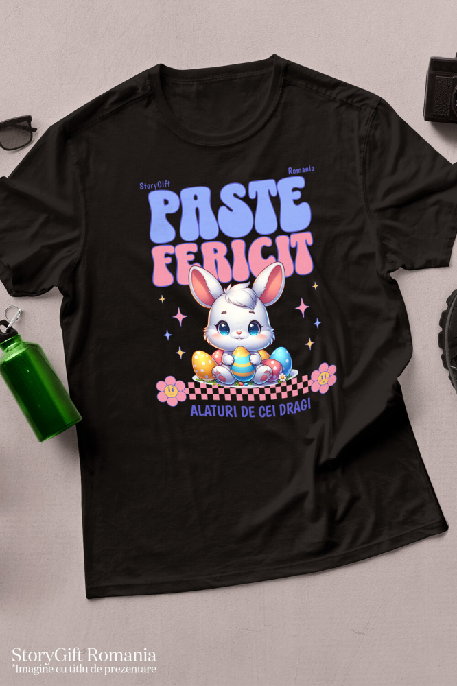 Tricou Femei, Barbati, Copii, Fata, Baiat, Unisex Personalizat "Iepure Alb Copii Cu Oua Colorate, Flori și Stele - Paște Fericit Alături De Cei Dragi" [3]