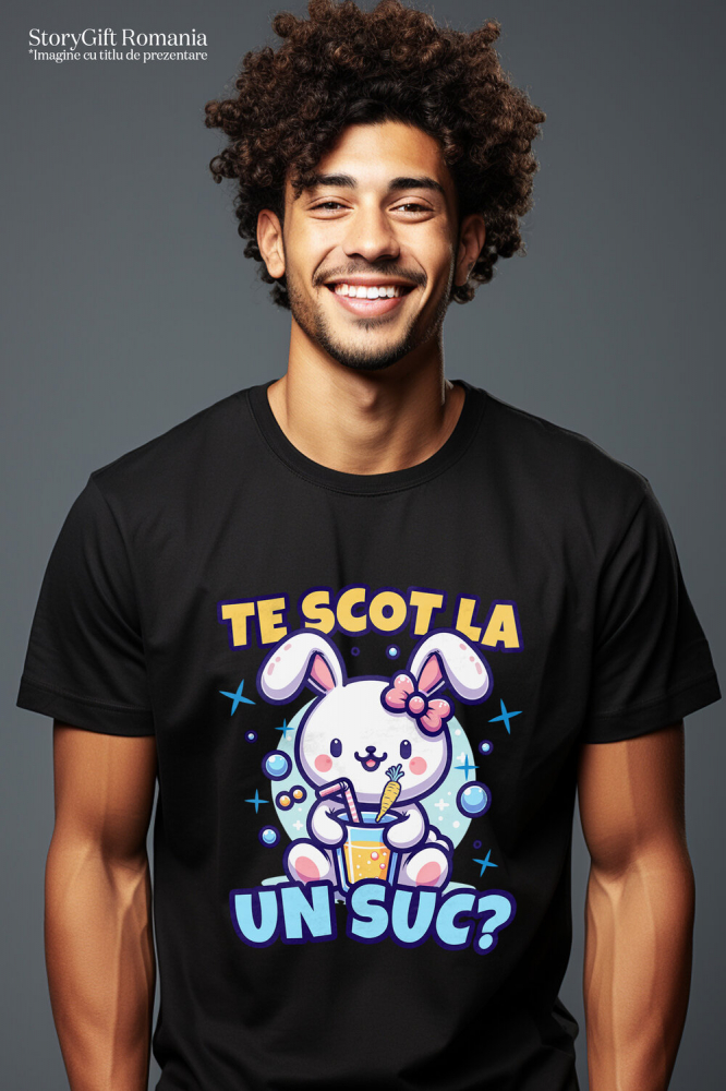 Tricou Femei, Barbati, Copii, Fata, Baiat, Unisex Personalizat "Iepure Alb cu Fundă Roz și Suc de Fructe - Cadou Amuzant pentru Copii și Prieteni" [2]