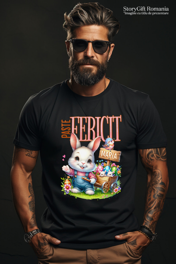 Tricou Femei, Barbati, Copii, Fata, Baiat, Unisex Personalizat "Iepure Alb Cu Salopetă De Denim și Căruț Cu Ouă Colorate - Paște Fericit Maria" [2]