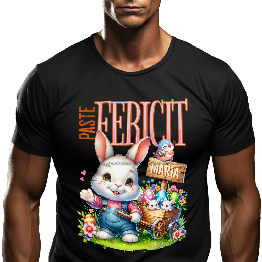 Tricou Femei, Barbati, Copii, Fata, Baiat, Unisex Personalizat "Iepure Alb Cu Salopetă De Denim și Căruț Cu Ouă Colorate - Paște Fericit Maria" [1]