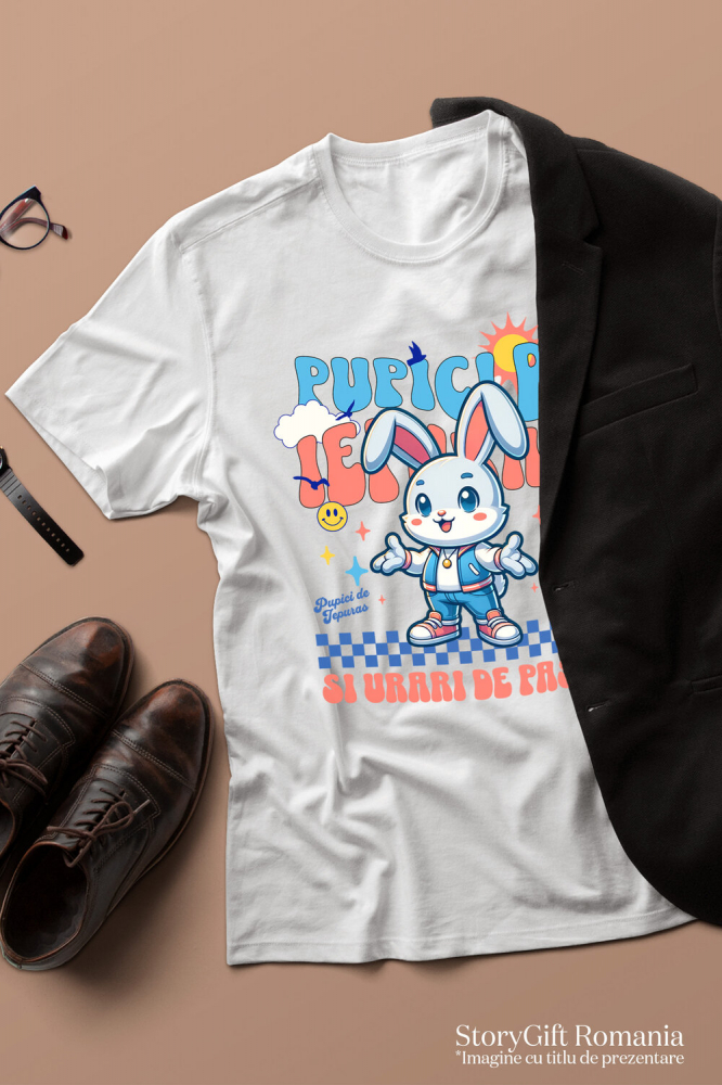 Tricou Femei, Barbati, Copii, Fata, Baiat, Unisex Personalizat "Iepure Alb cu Urechi Lungi și Îmbrăcăminte Modernă – Pupici și Urări de Paște Fericit" [3]