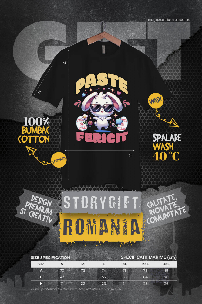 Tricou Femei, Barbati, Copii, Fata, Baiat, Unisex Personalizat "Iepure Cool Alb Cu Ochelari De Soare - Paște Fericit Cu Ouă Colorate și Flori" [4]