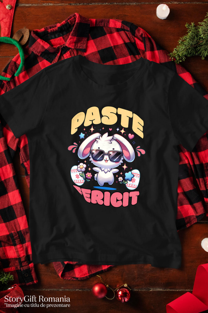 Tricou Femei, Barbati, Copii, Fata, Baiat, Unisex Personalizat "Iepure Cool Alb Cu Ochelari De Soare - Paște Fericit Cu Ouă Colorate și Flori" [3]