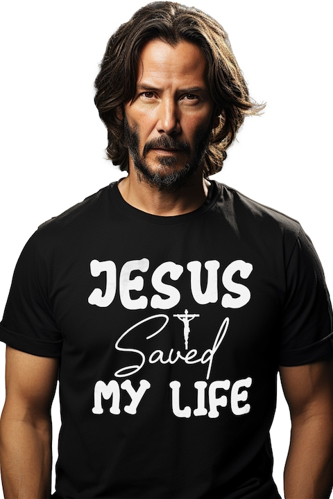 Tricou Barbati cu Iisus Hristos rastignit pe cruce si textul "Iisus mi-a salvat viata" cu imprimeu pe Fata, 100% Bumbac, Negru, M [1]