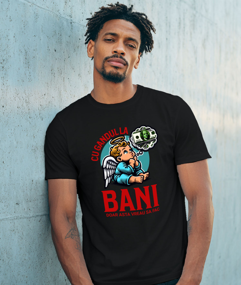 Tricou Femei, Barbati, Copii, Fata, Baiat, Unisex Personalizat Inger cu Coroana și Bancnote – „Cu Gândul la Bani” – Cadou Personalizat pentru Familie, Tati, Copii, Prieteni [2]