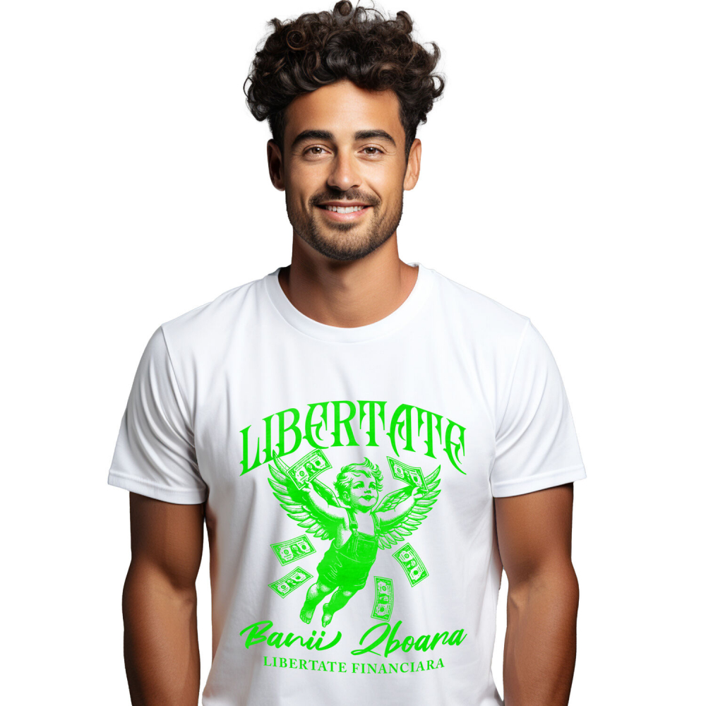 Tricou Femei, Barbati, Copii, Fata, Baiat, Unisex Personalizat Înger Copil Zburător cu Bancnote – „Libertate Banii Zboară” – Cadou Personalizat pentru Familie, Tati, Copii, Prieteni [1]