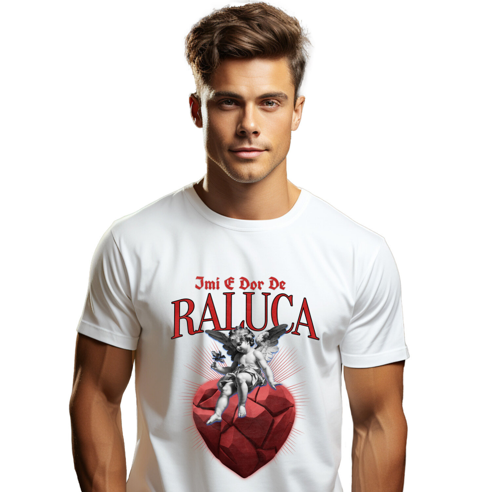 Tricou Femei, Barbati, Copii, Fata, Baiat, Unisex Personalizat „Înger Cu Aripi Și Flori pe Inima DE Piatra - Cadou Personalizat „Îmi e Dor de Raluca” pentru Familie, Copii și Prieteni” [1]