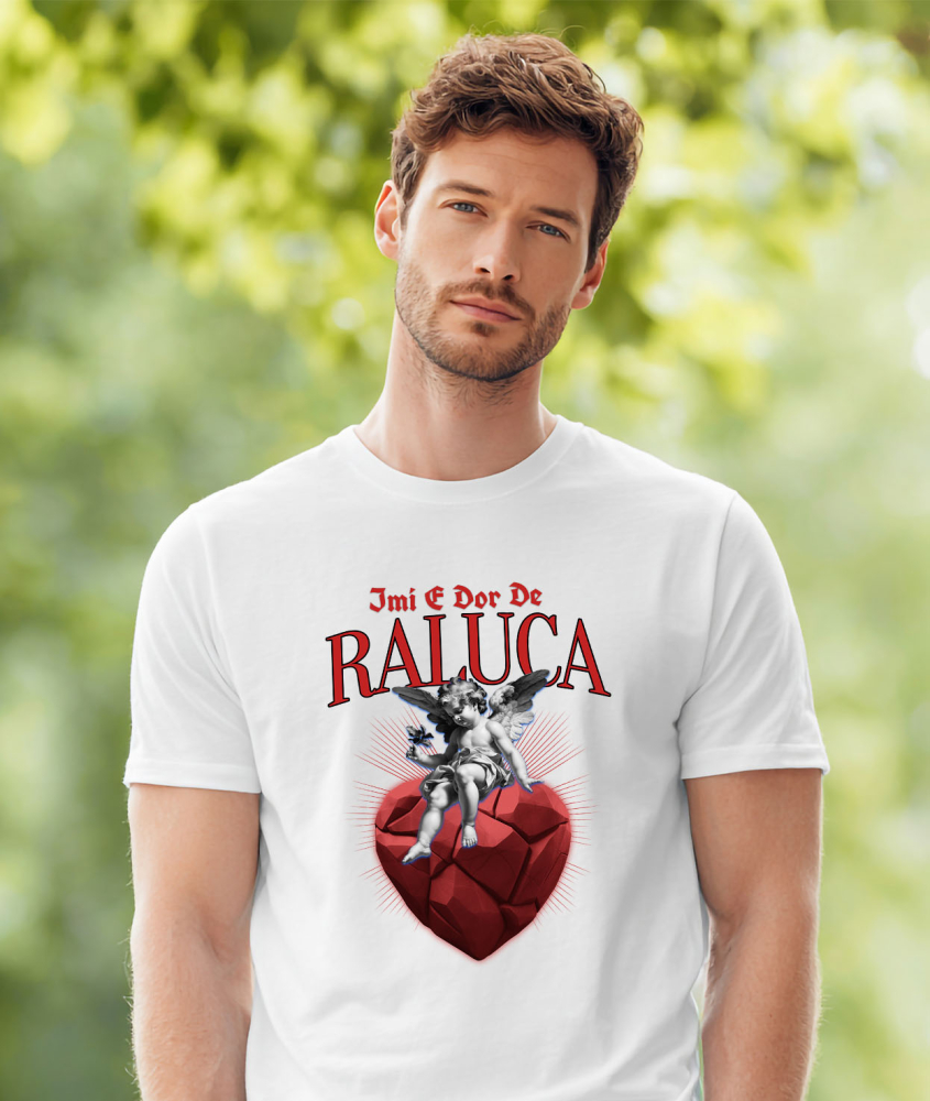 Tricou Femei, Barbati, Copii, Fata, Baiat, Unisex Personalizat „Înger Cu Aripi Și Flori pe Inima DE Piatra - Cadou Personalizat „Îmi e Dor de Raluca” pentru Familie, Copii și Prieteni” [2]