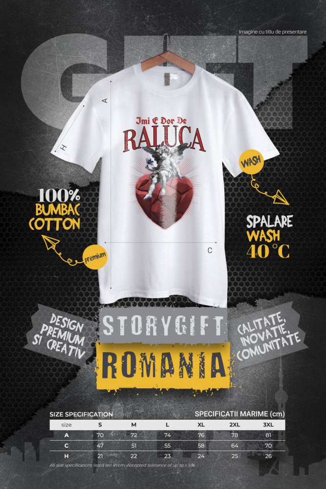 Tricou Femei, Barbati, Copii, Fata, Baiat, Unisex Personalizat „Înger Cu Aripi Și Flori pe Inima DE Piatra - Cadou Personalizat „Îmi e Dor de Raluca” pentru Familie, Copii și Prieteni” [4]