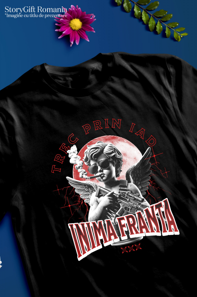 Tricou Femei, Barbati, Copii, Fata, Baiat, Unisex Personalizat „Înger cu Trabuc și Arma - Cadou Personalizat „Trec prin Iad, Inima Franta” pentru Familie, Copii și Prieteni de Valentine’s Day” [3]