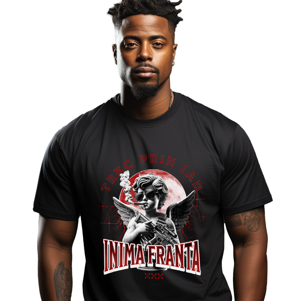 Tricou Femei, Barbati, Copii, Fata, Baiat, Unisex Personalizat „Înger cu Trabuc și Arma - Cadou Personalizat „Trec prin Iad, Inima Franta” pentru Familie, Copii și Prieteni de Valentine’s Day” [1]