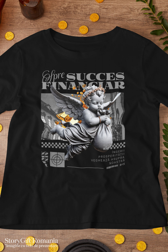 Tricou Femei, Barbati, Copii, Fata, Baiat, Unisex Personalizat Înger cu Sac de Bani în Zbor – Statuie Motivatională „Spre Succes Financiar” – Cadou Personalizat pentru Familie, Tati, Copii, Prieteni [3]