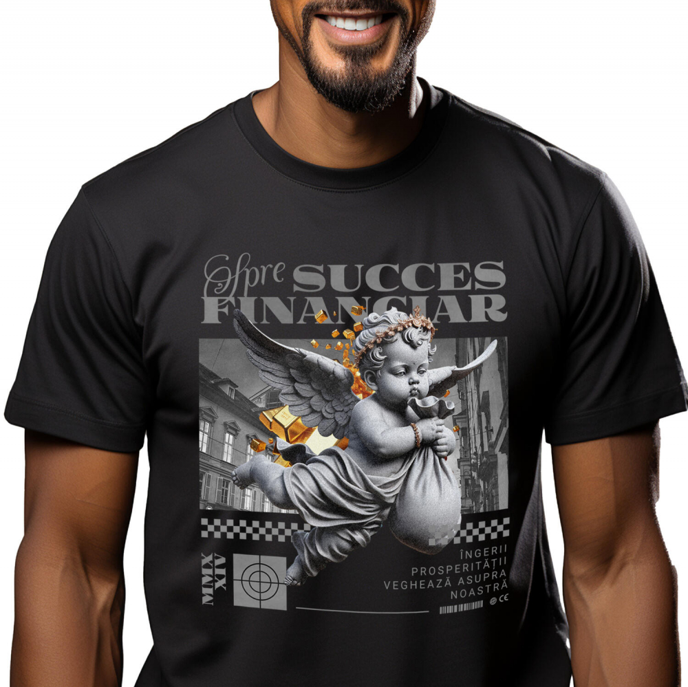 Tricou Femei, Barbati, Copii, Fata, Baiat, Unisex Personalizat Înger cu Sac de Bani în Zbor – Statuie Motivatională „Spre Succes Financiar” – Cadou Personalizat pentru Familie, Tati, Copii, Prieteni [1]